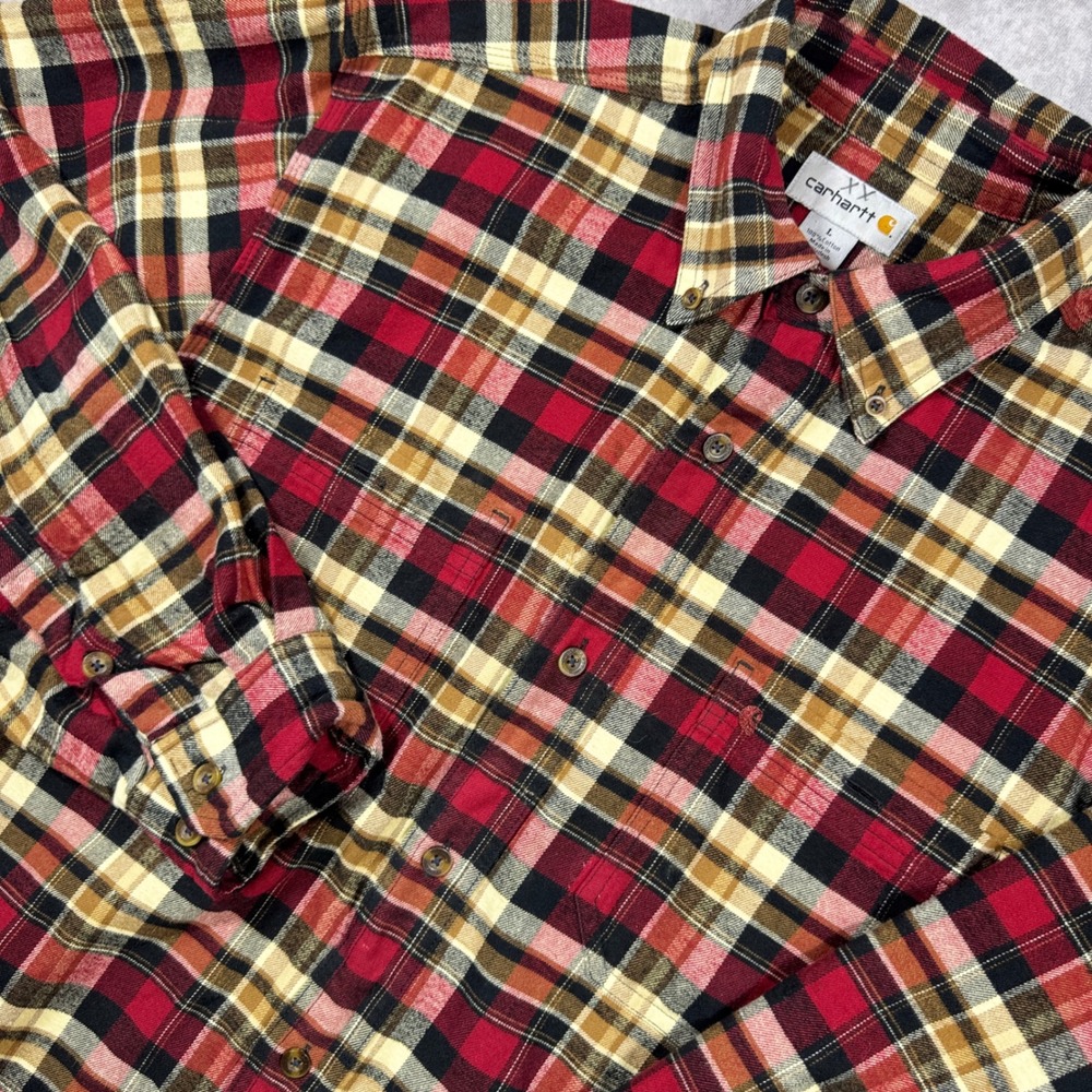 Carhartt Mens Plaid Flannel Button Down Shirt Red Black Tan Large 100124 DKR